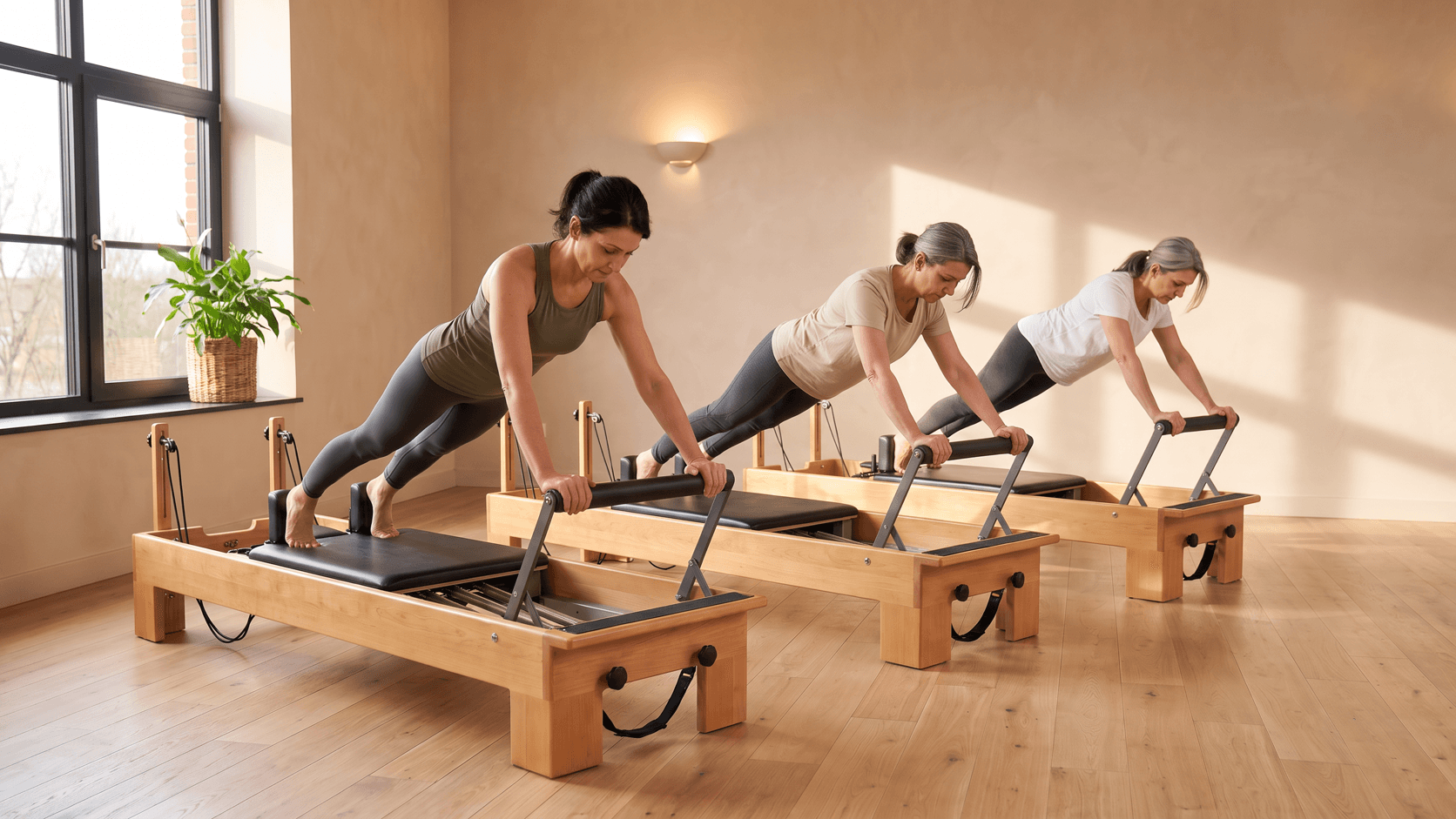 Tre praticanti in plank sul reformer, le mani sulla barra e i piedi sul carrello.